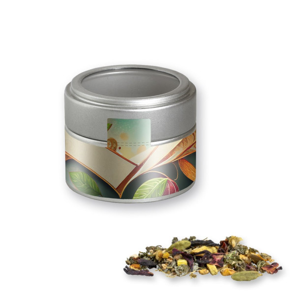 Ayurveda Relax-Tee, ca. 35g, Metalldose Mini mit Sichtfenster silber