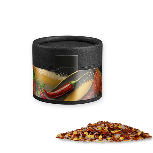 Gewürzmischung Chili-Salz, ca. 30g, Kraftpapierdose Mini schwarz