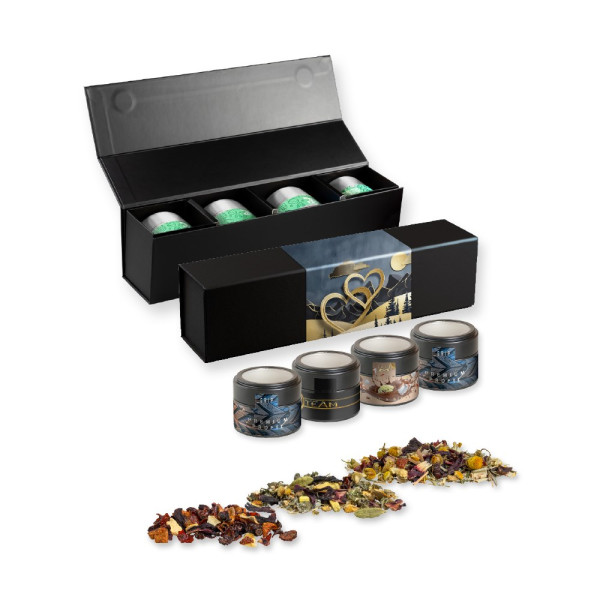 Verschiedene Teesorten, , ca. 60-140g, Geschenk-Set Premium schwarz mit Magnetverschluss und 4 Metal